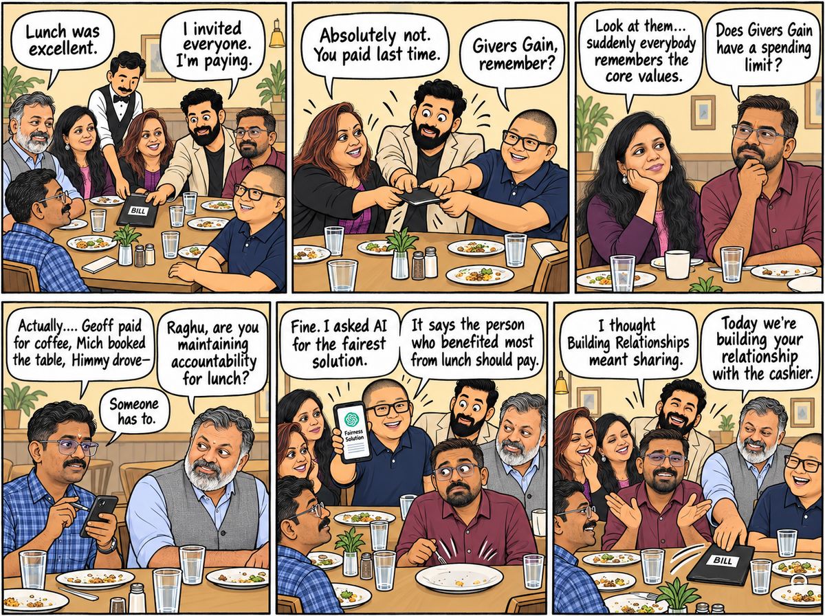 Six-panel comic strip. A table of members finish lunch and fight over the bill. One insists on paying, another says he paid last time, a third invokes Givers Gain. Two watching ask whether Givers Gain has a spending limit. Somebody lists who paid for coffee, booked the table and drove. One member asks an AI for the fairest solution and it says the person who benefited most should pay. The last panel: I thought Building Relationships meant sharing — today we are building your relationship with the cashier.